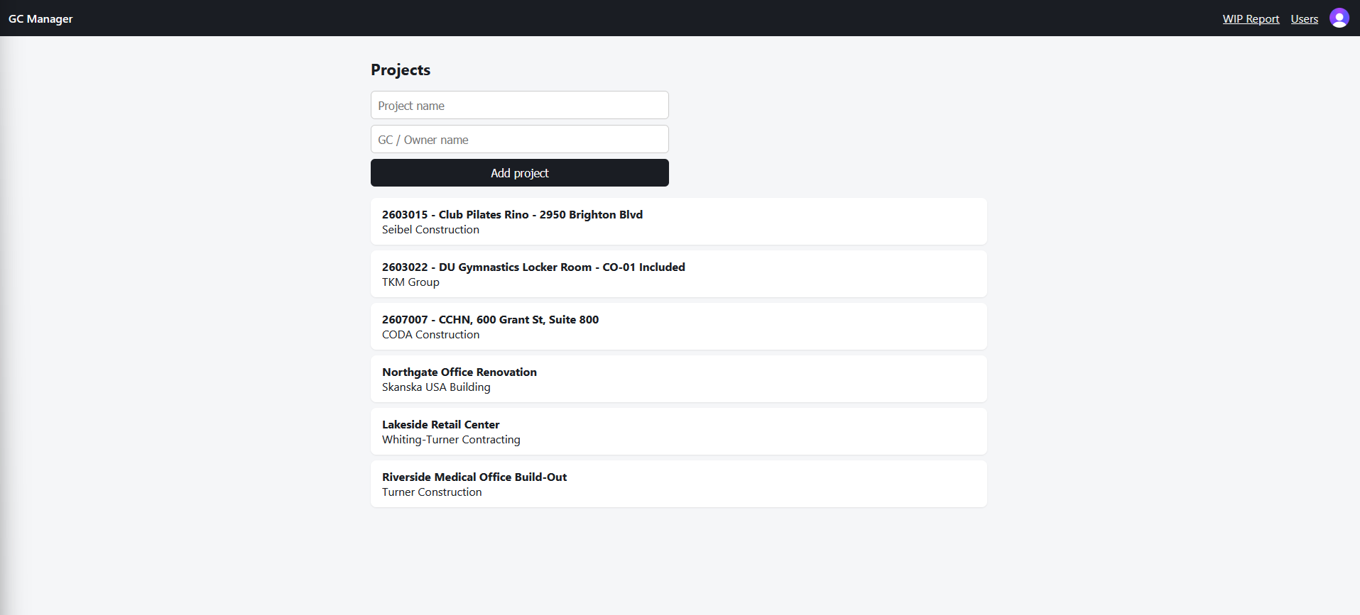 GC Manager project list with WIP report